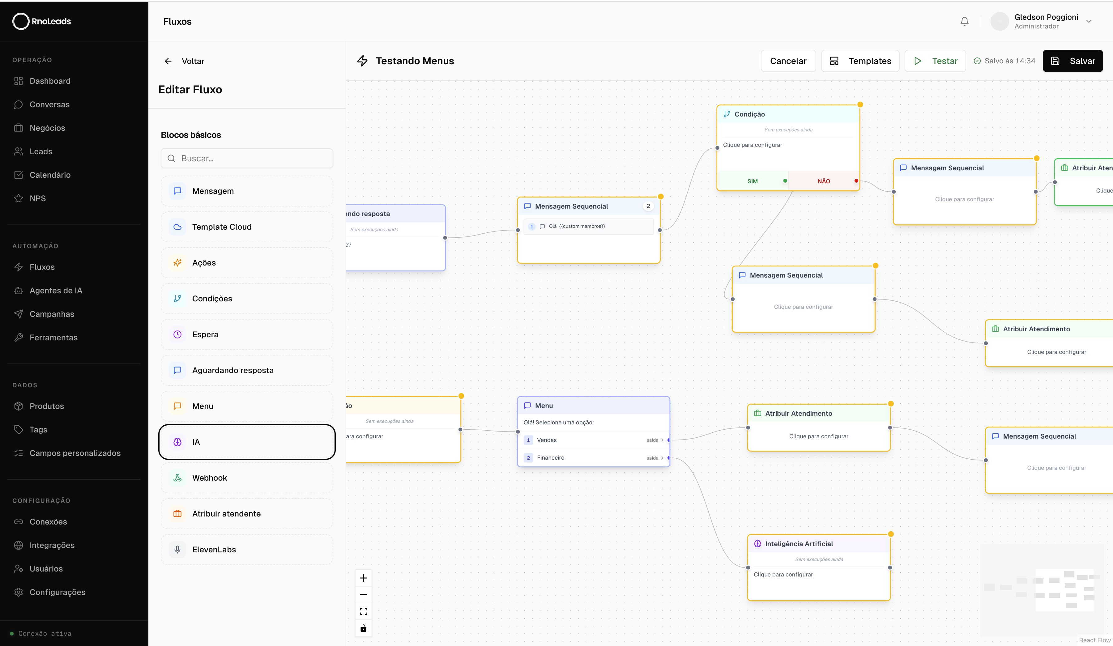 Editor visual de chatbot e fluxos no RnoLeads